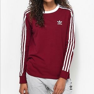 NWOT ADIDAS BURGUNDY LONG SLEEVE THREE STRIPES